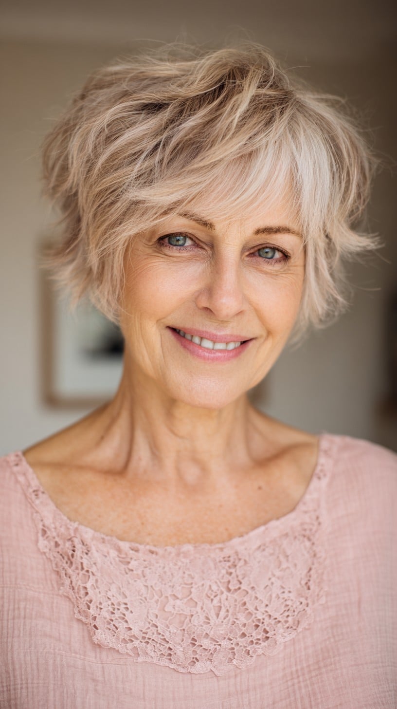 Soft Ash Blonde Short Shag with Feathered Side Sweep
