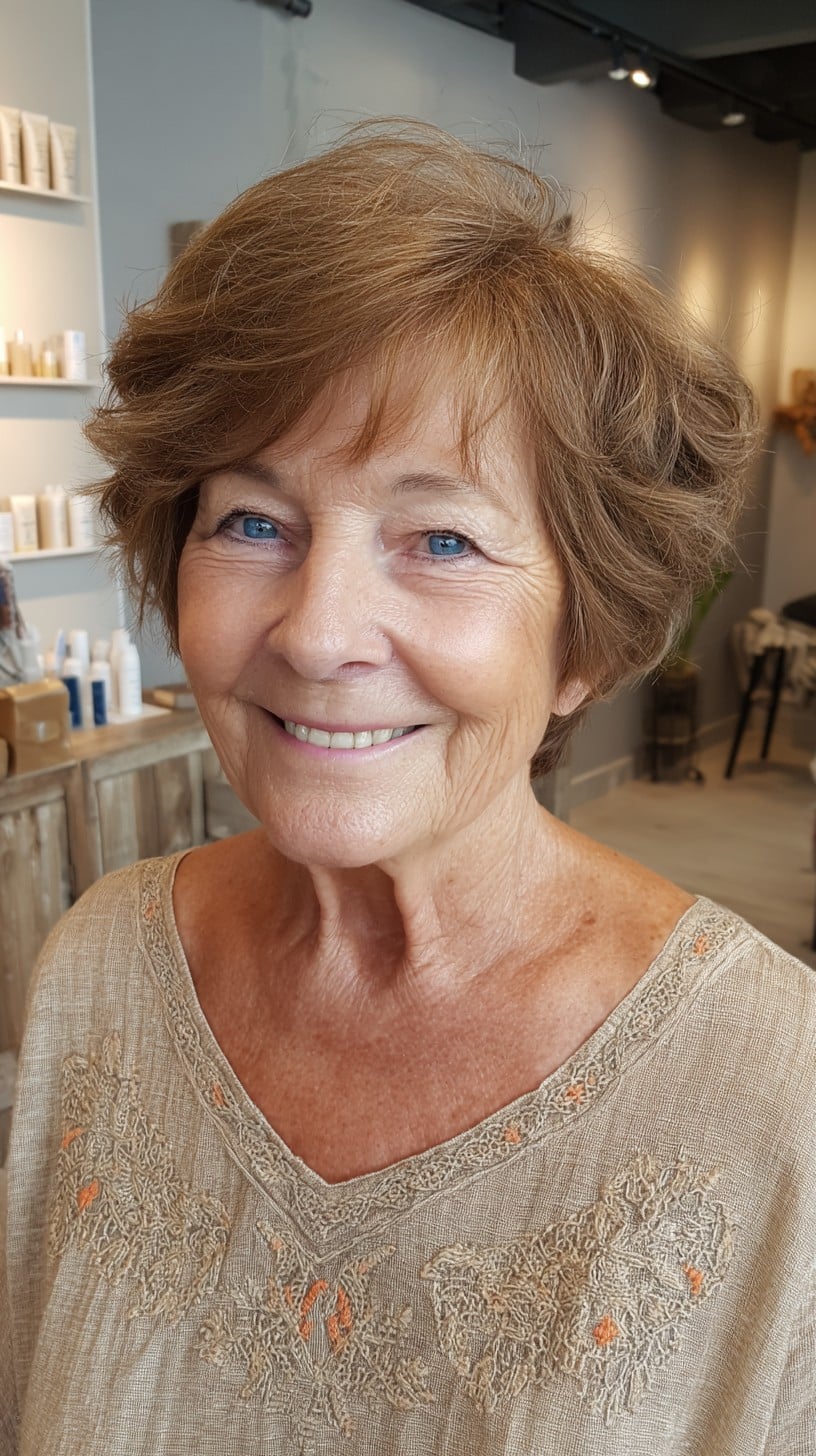 Soft Caramel Sculpted Pixie-Shag with Volumized Crown and Sheer Side Fringe