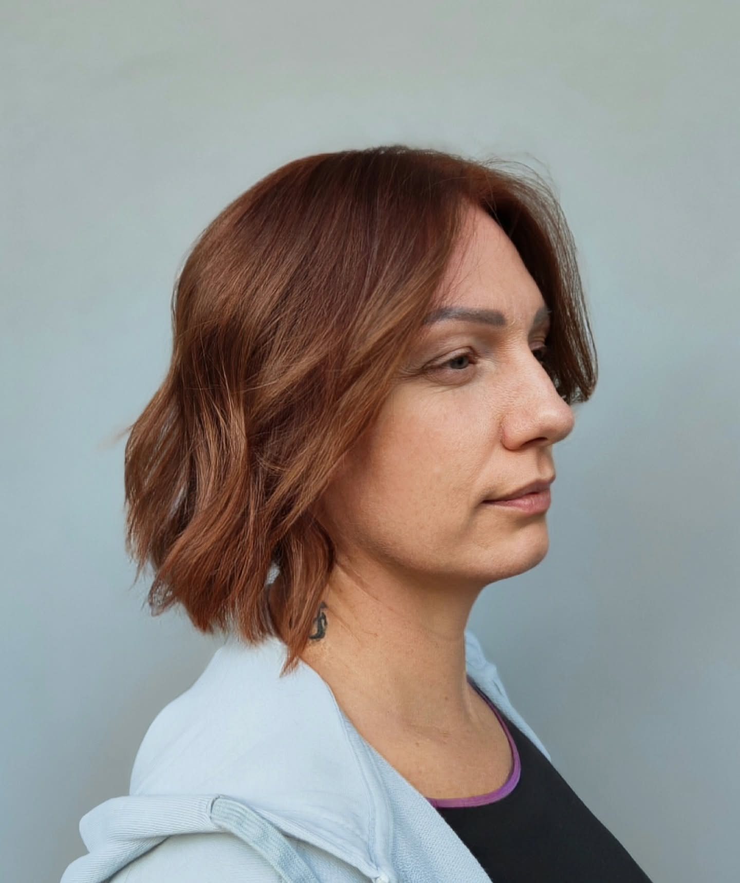 Soft Copper Frayed Jaw-Length Bob with Face-Framing Ends