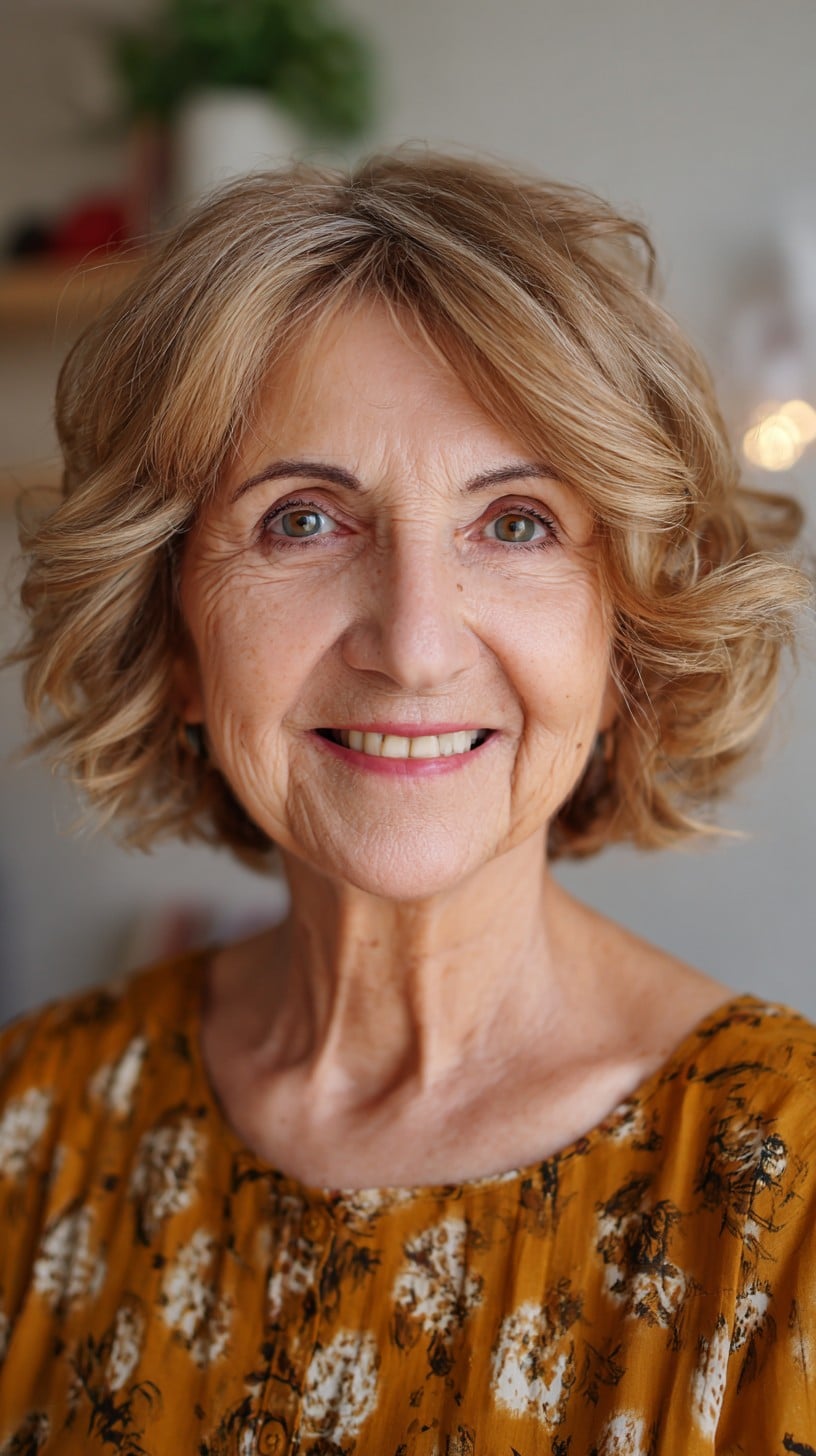 Soft Face-Framing Blonde Curled Bob with Subtle Gray Lowlights