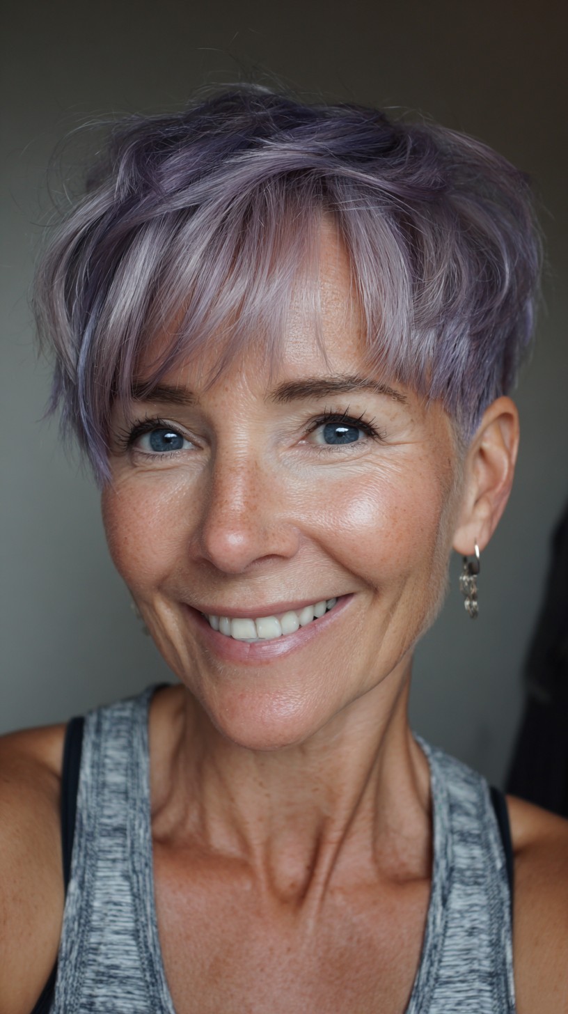 Soft Lavender Stacked Pixie with Textured Micro-Bangs