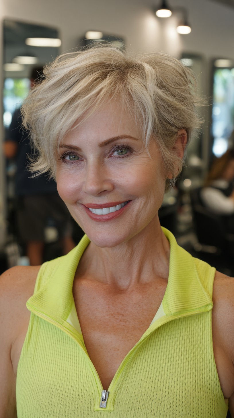 Soft Platinum Textured Pixie with Diagonal Fringe