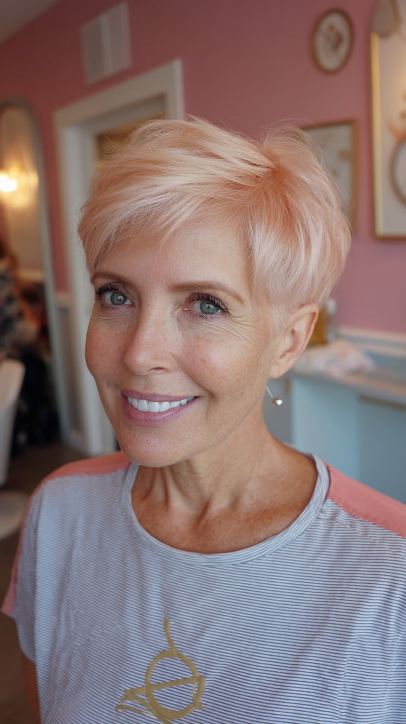 Soft Rose-Blonde Textured Pixie with Feathered Apex