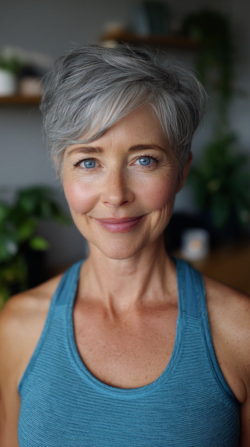 Soft Silver Layered Pixie with Feathered Side-Swept Top