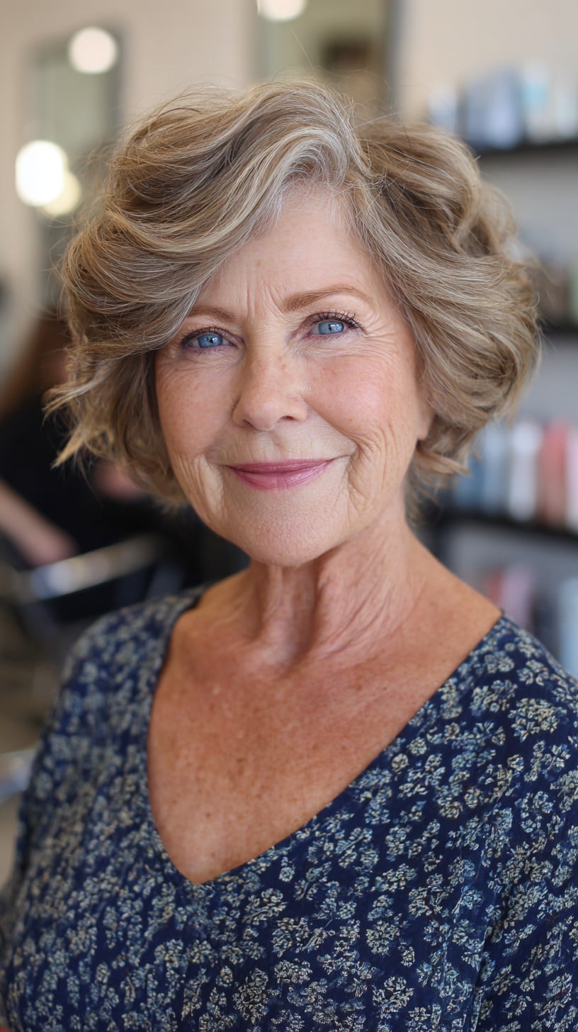 Soft Silver Layered Short Shag with Side-Swept Wave