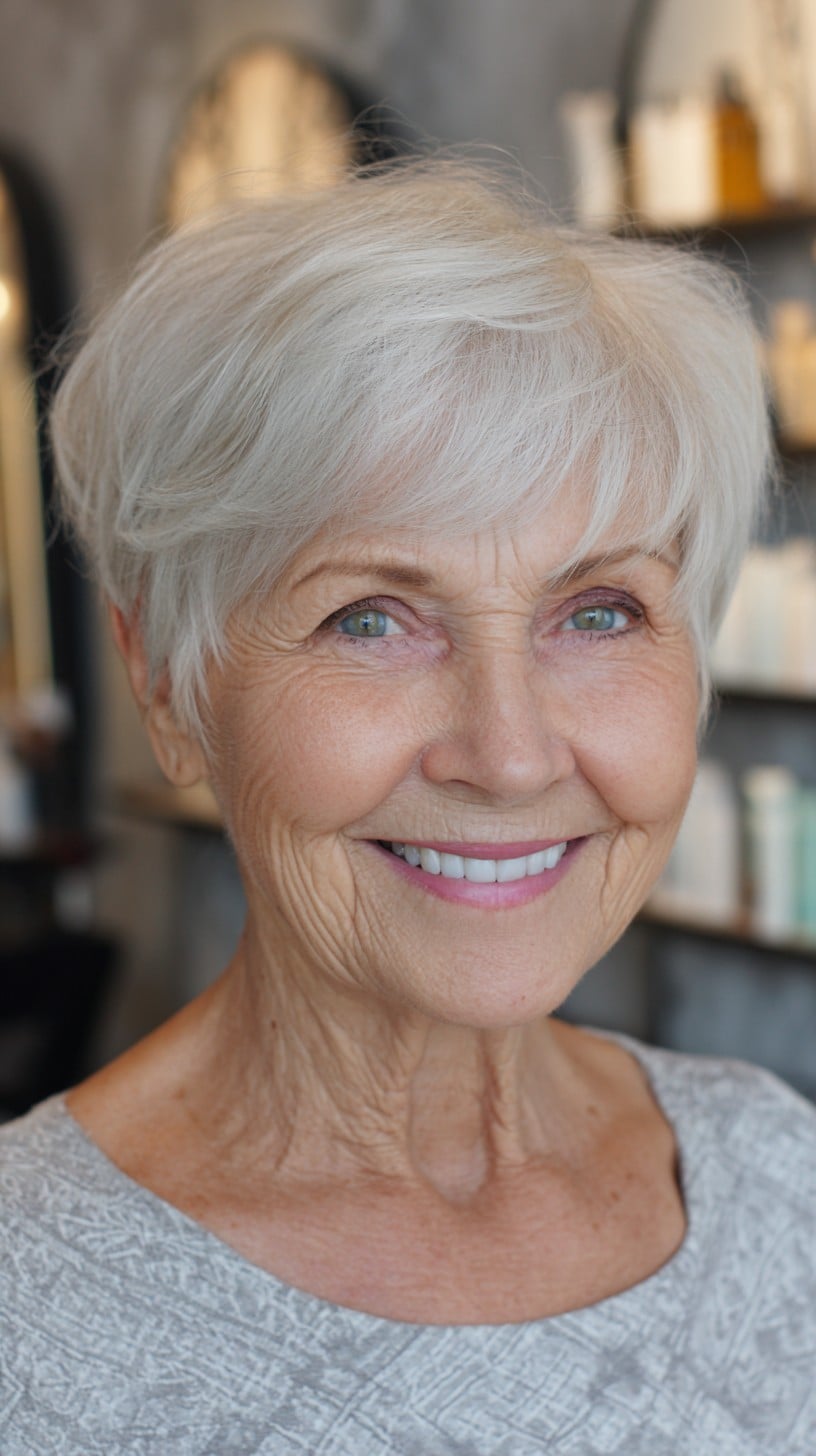 Soft Silver Pixie with Feathered Crown and Sheer Micro-Fringe
