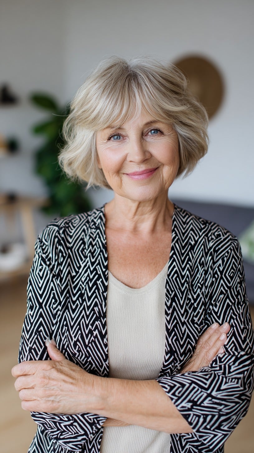 Soft Silver Textured Chin-Length Bob with Curtain Fringe and Root Smudge