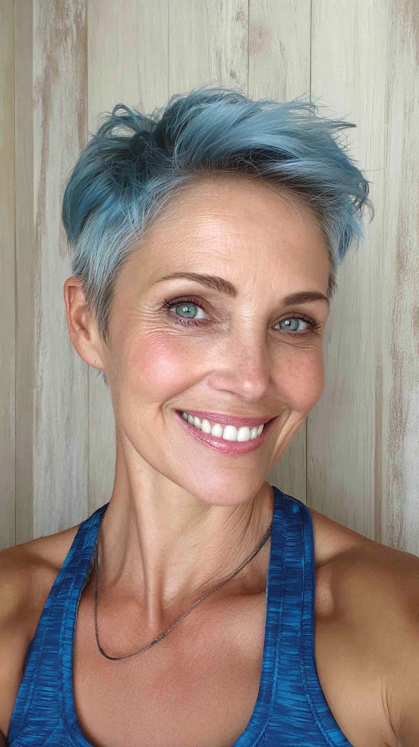 Steel-Blue Textured Pixie with Soft Tapered Nape