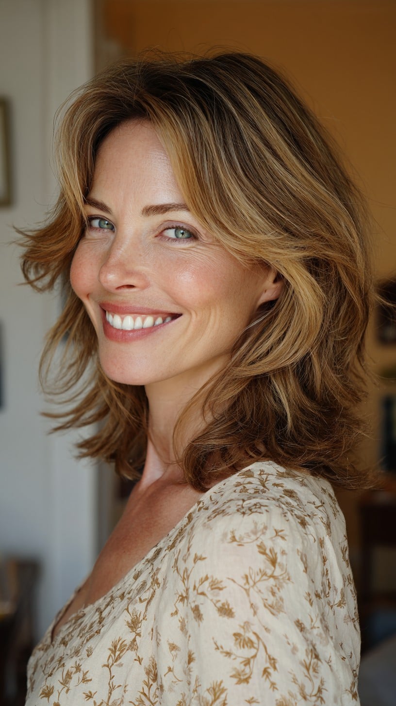 Sunlit Face-Framing Layered Lob with Soft Curtain Fringe