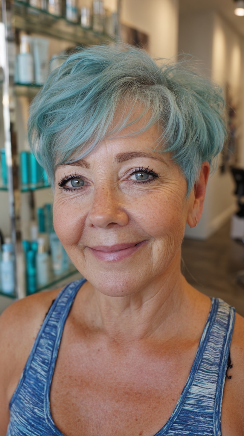 Teal-Rooted Textured Pixie with Feathered Side Fringe