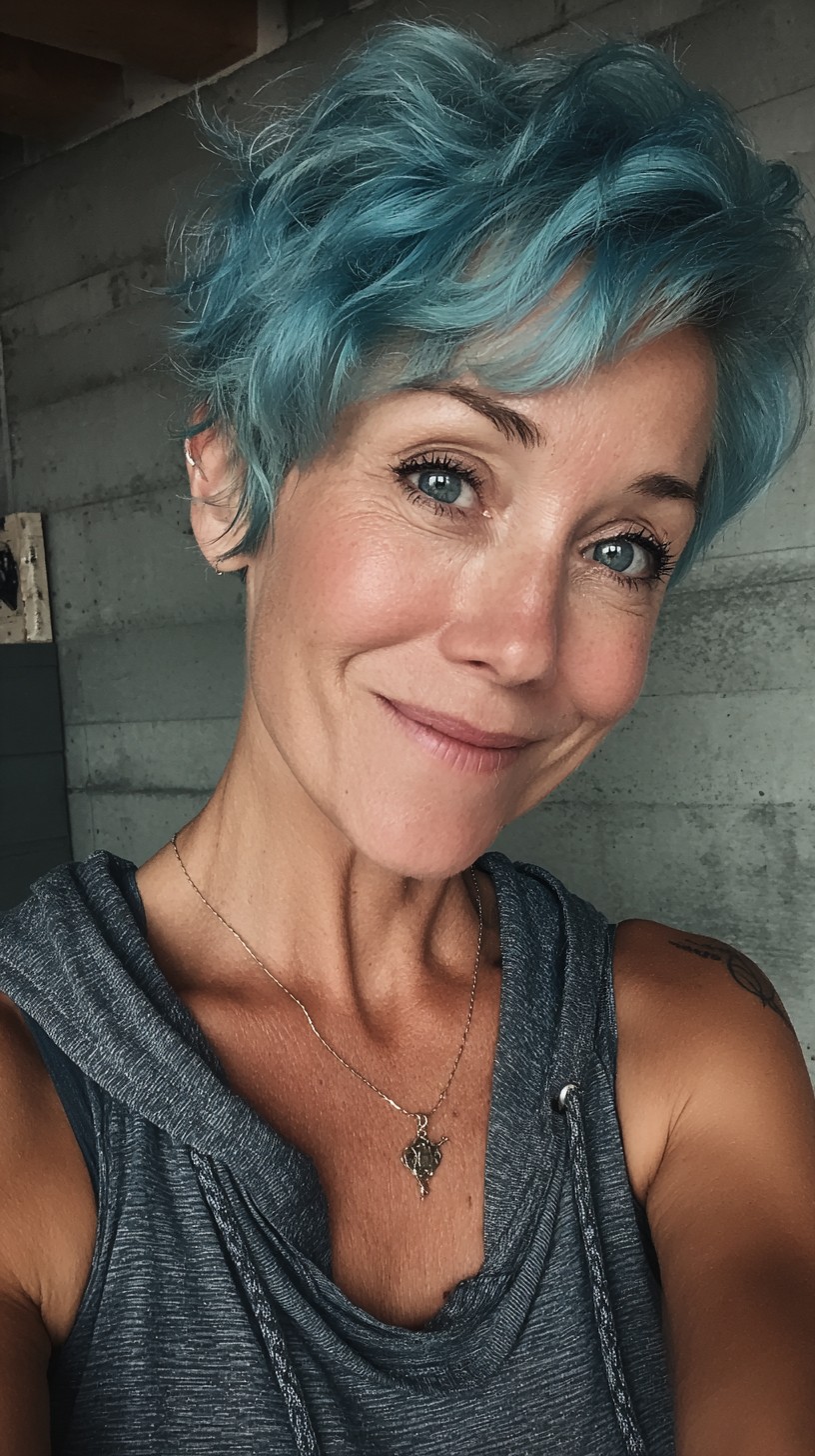 Teal Textured Short Pixie with Soft Apex Waves