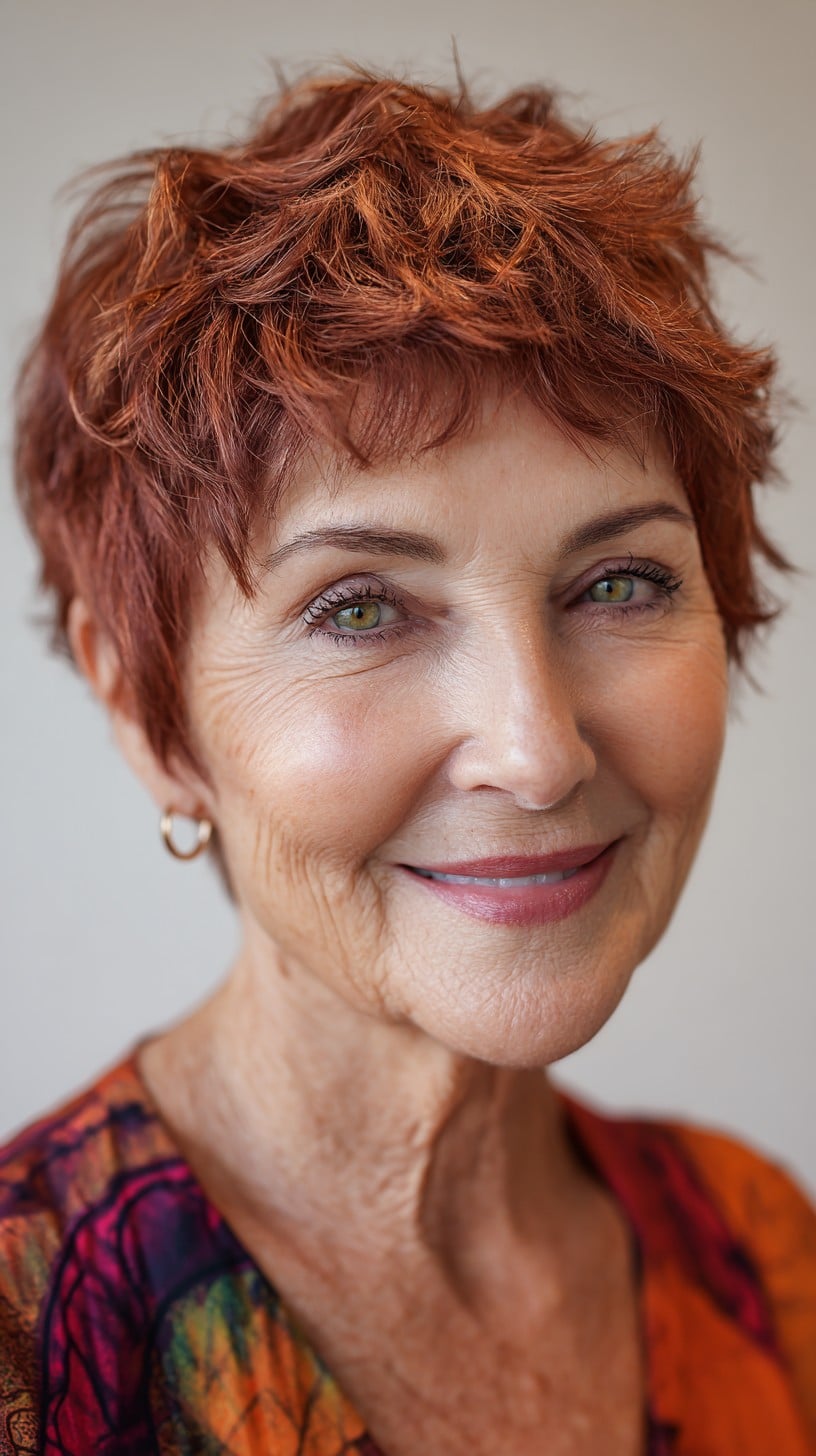 Textured Copper Short Pixie with Choppy Micro-Bangs and Razored Crown Layers