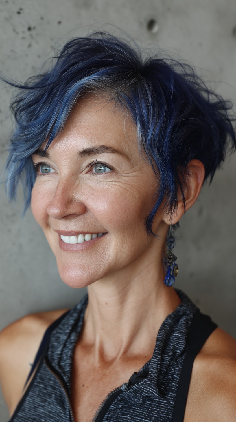 Textured Deep-Blue Pixie with Side-Swept Fringe and Root Shadow