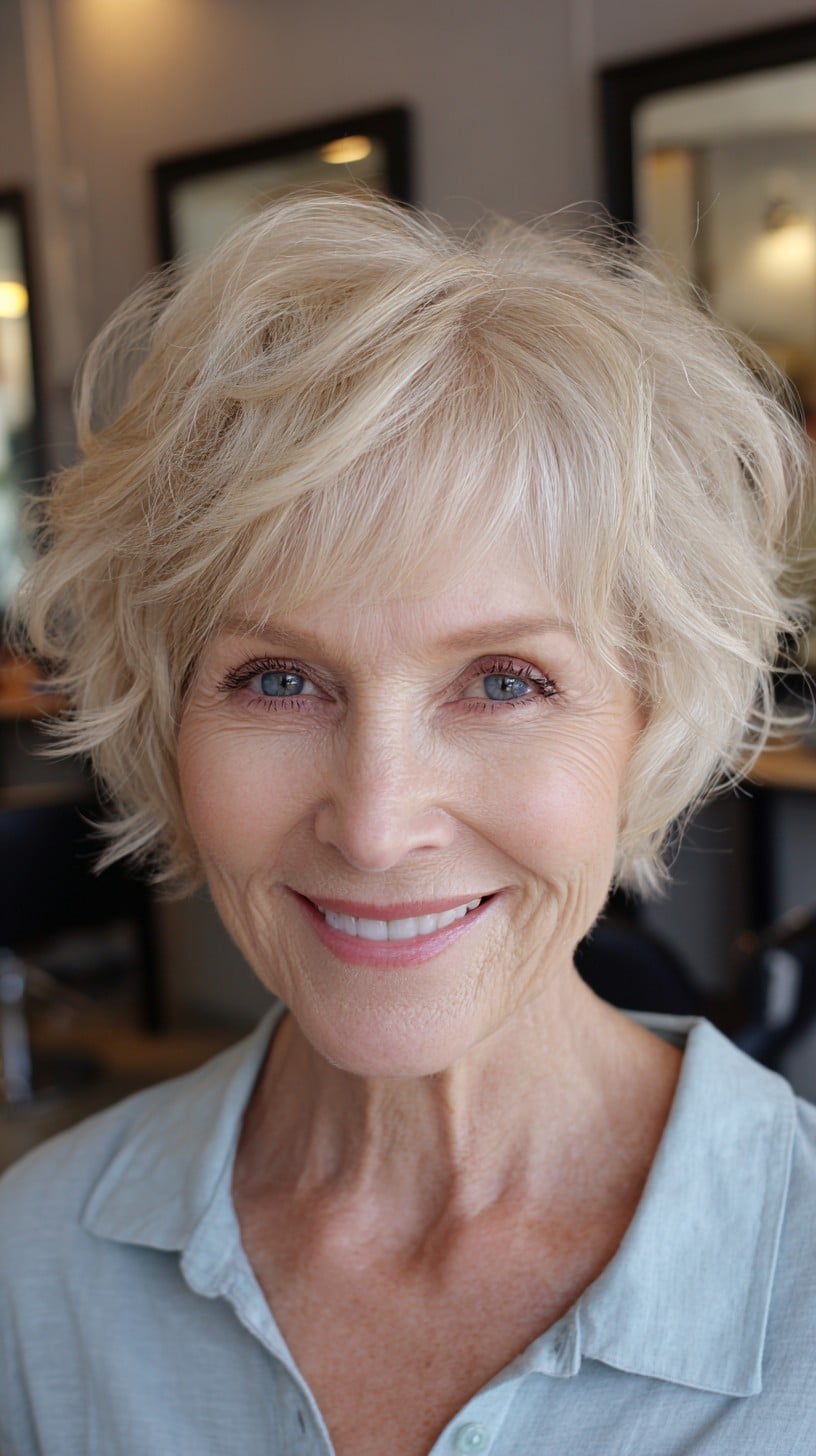 Textured Platinum Short Shag with Feathered Crown and Micro-Fringe