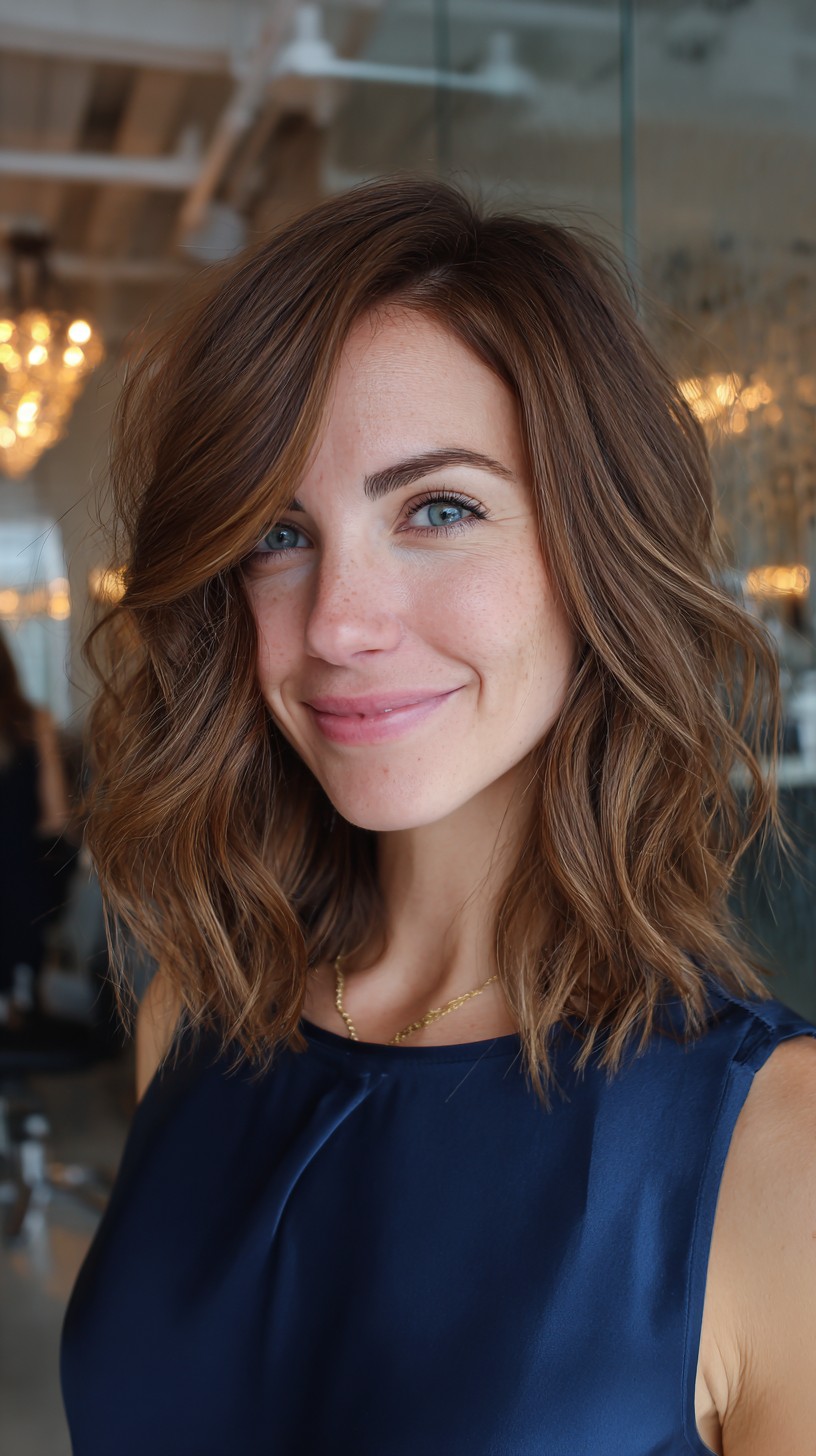 Textured Shoulder-Grazing Lob with Side-Swept Face-Framing Layers