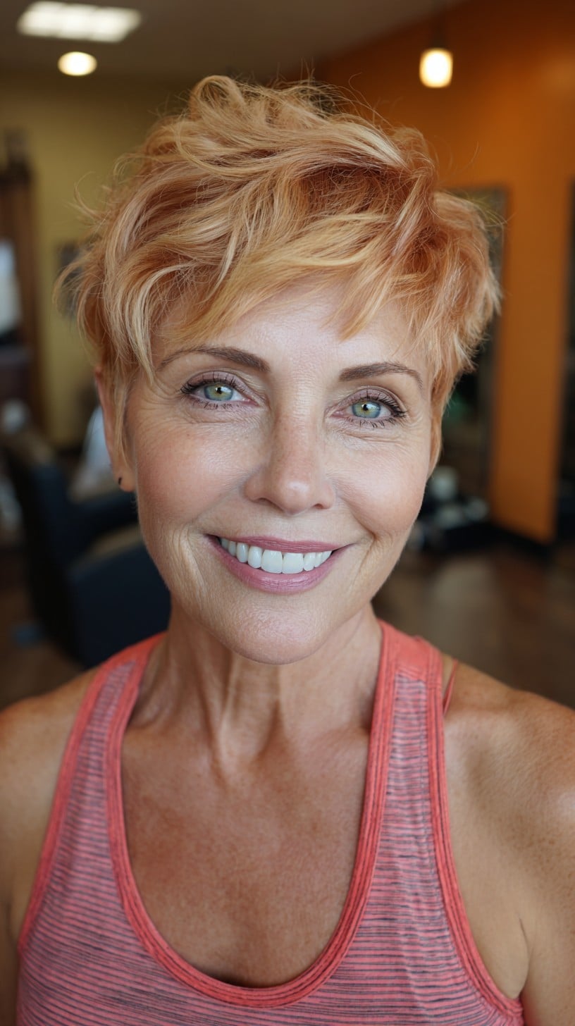Textured Strawberry-Blonde Short Layered Pixie with Soft Apex