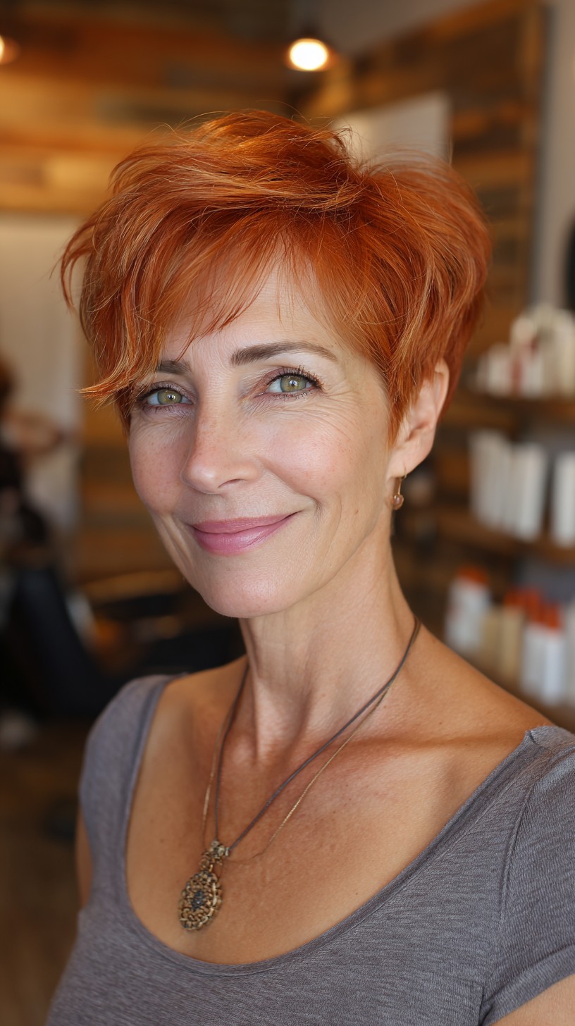 Vibrant Copper Layered Pixie with Soft Apex Lift
