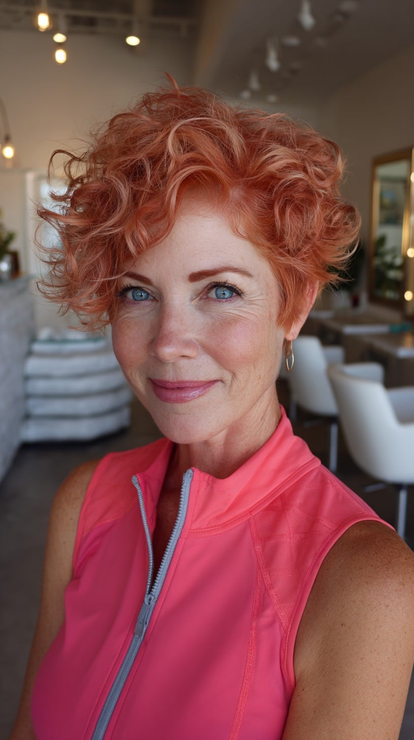 Vibrant Curly Copper Layered Pixie with Tapered Nape