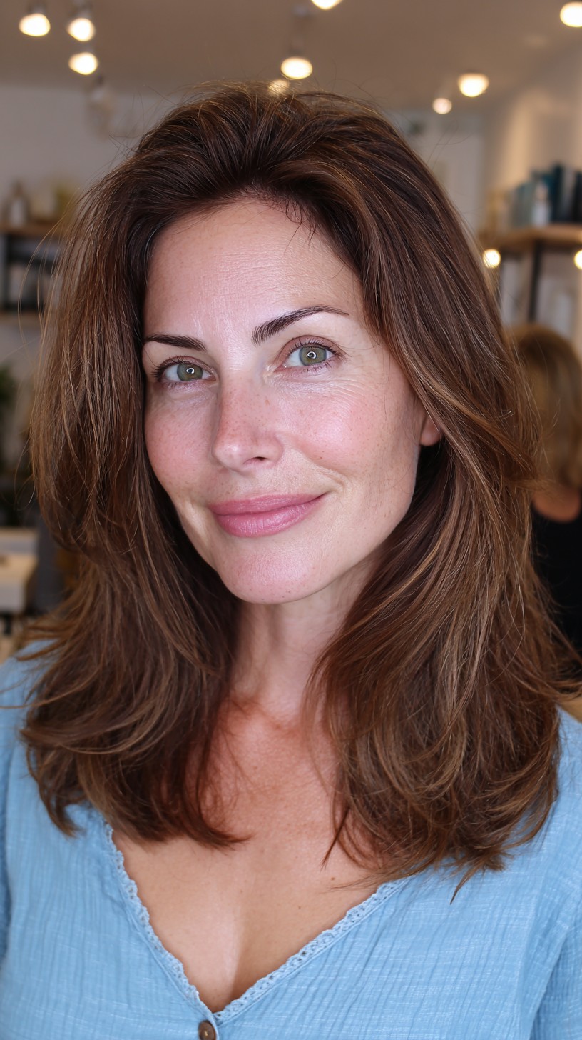 Voluminous Mid-Length Layered Cut with Subtle Root Shadow