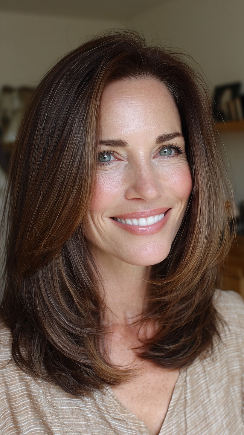 Warm Brunette Layered Medium Lob with Face-Framing Graduation