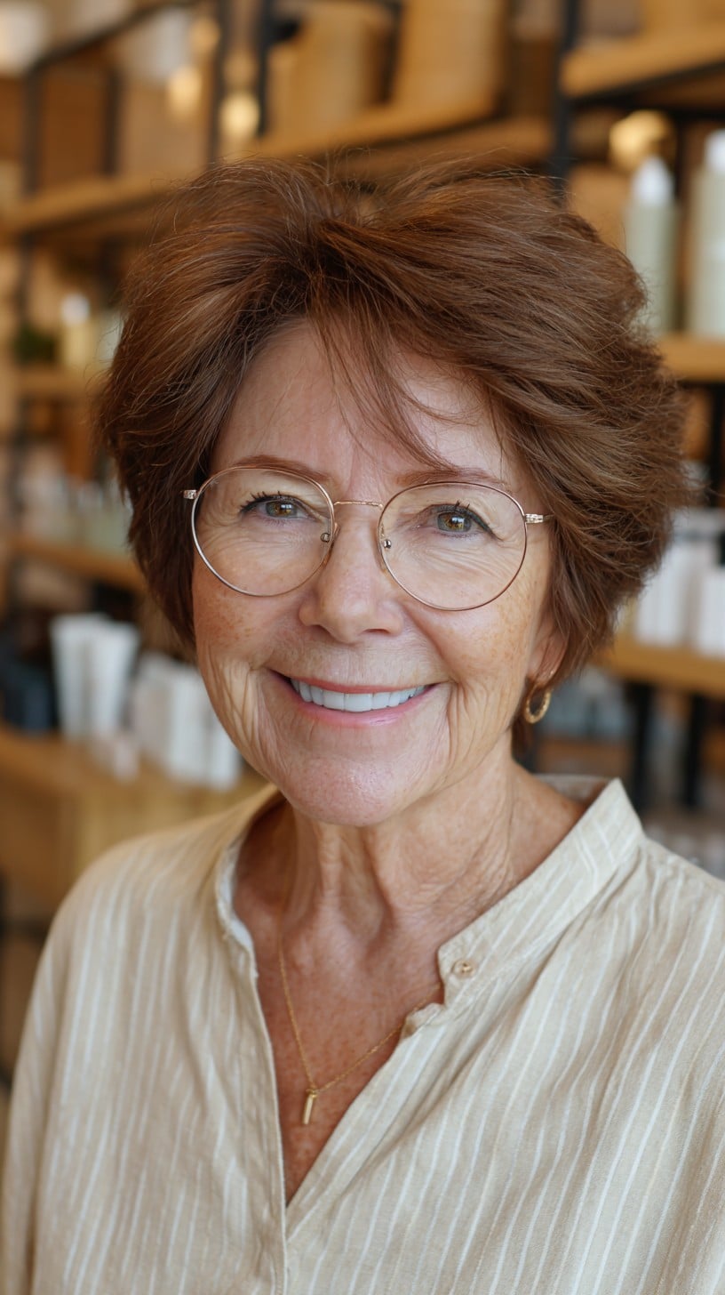 Warm Chestnut Crown-Lifted Short Shag with Temple Layers
