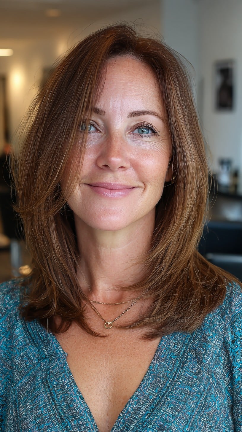 Warm Chestnut Mid-Length Feathered Layers with Face-Framing Curtain