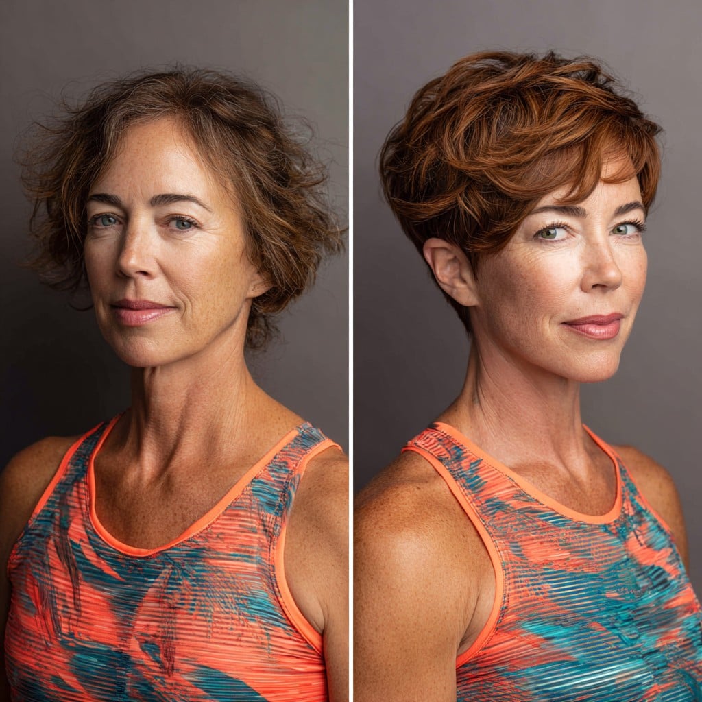 Warm Chestnut Stacked Pixie with Textured Face-Framing Layers