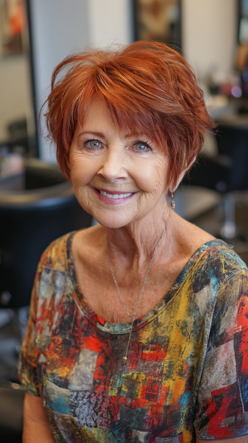 Warm Copper Layered Pixie with Soft Fringe and Interior Graduation