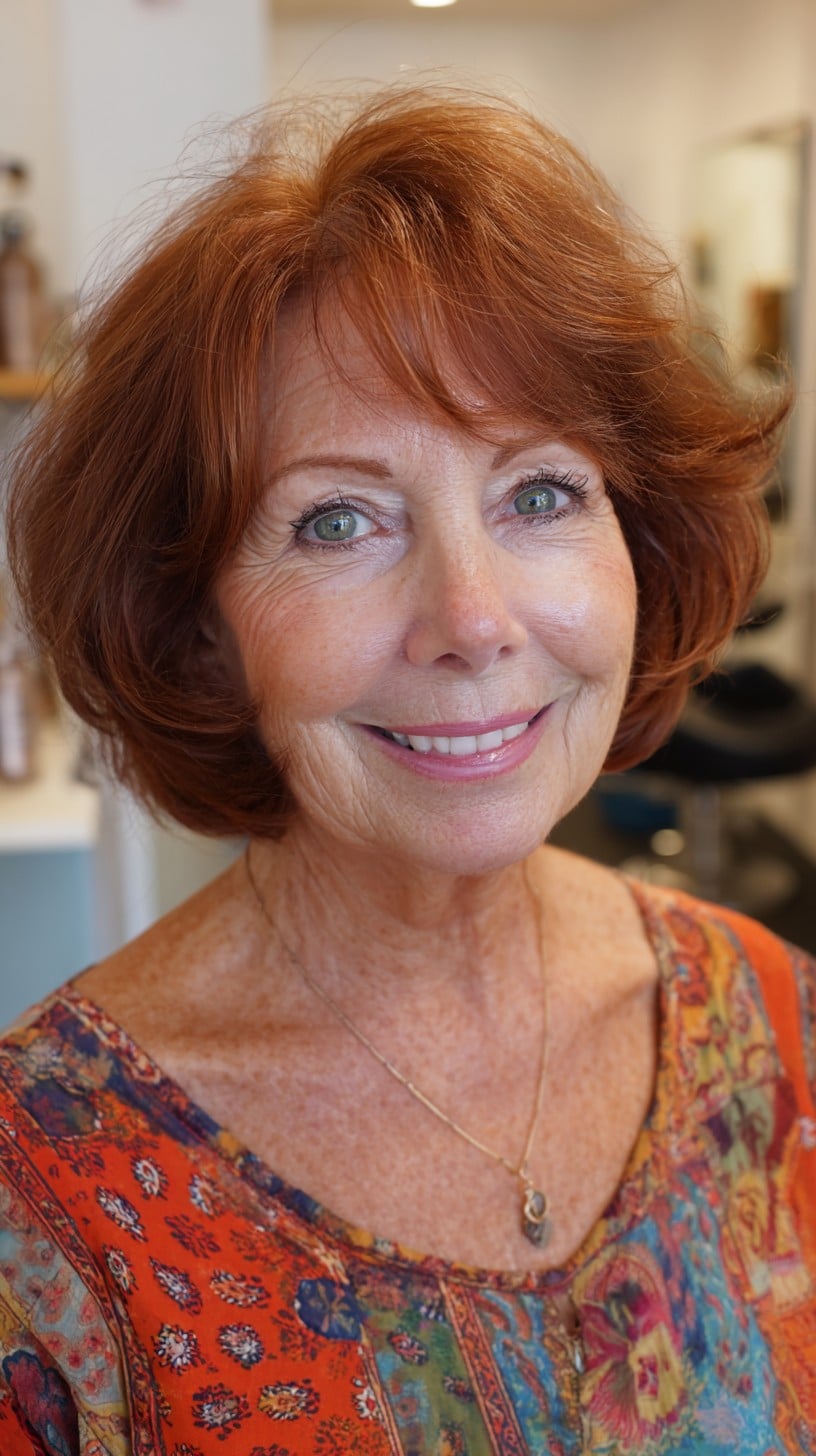 Warm Copper Rounded Bob with Airy Feathered Fringe