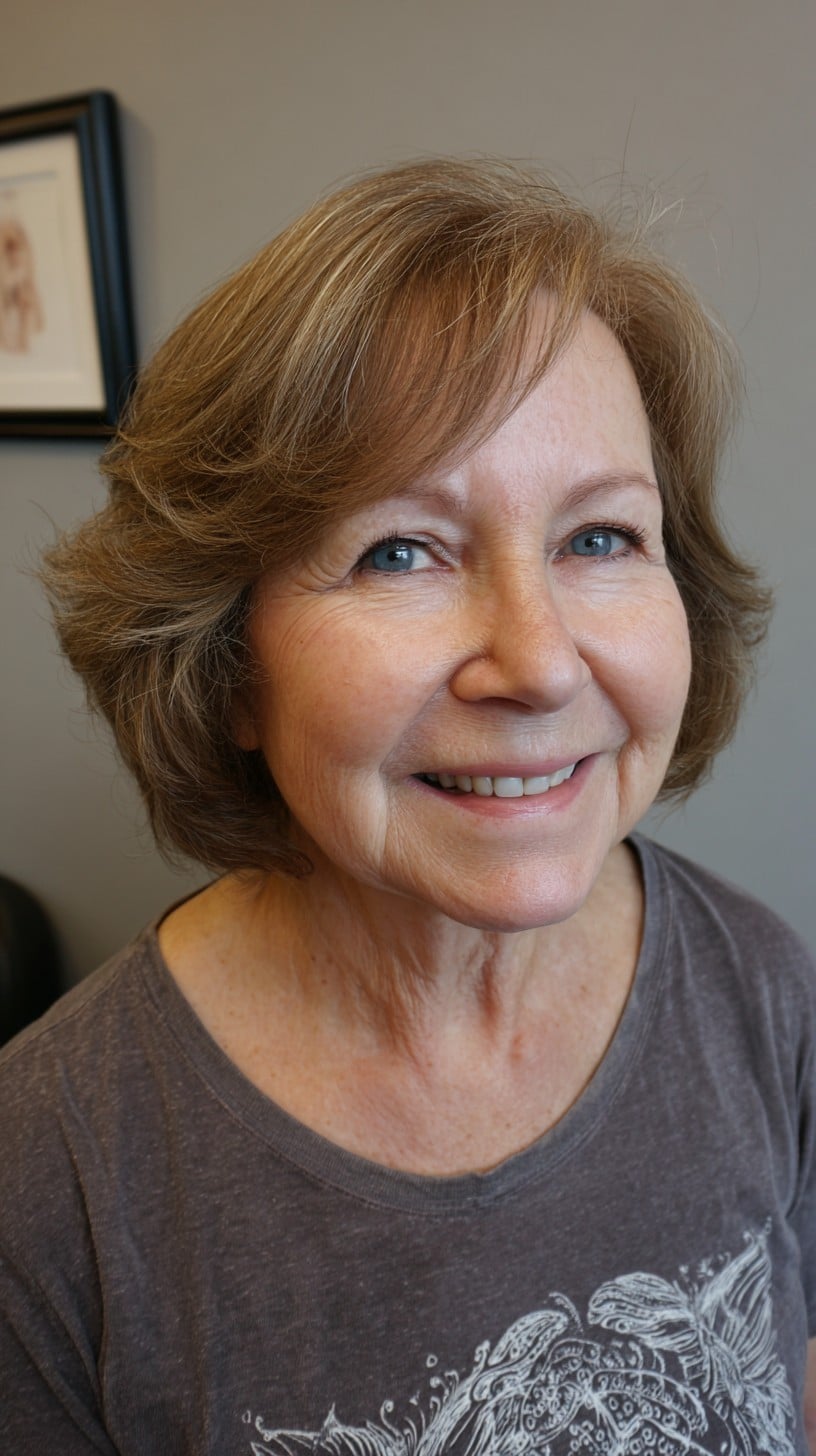 Warm Golden Salt-and-Pepper Layered Jaw-Length Bob with Side-Swept Fringe
