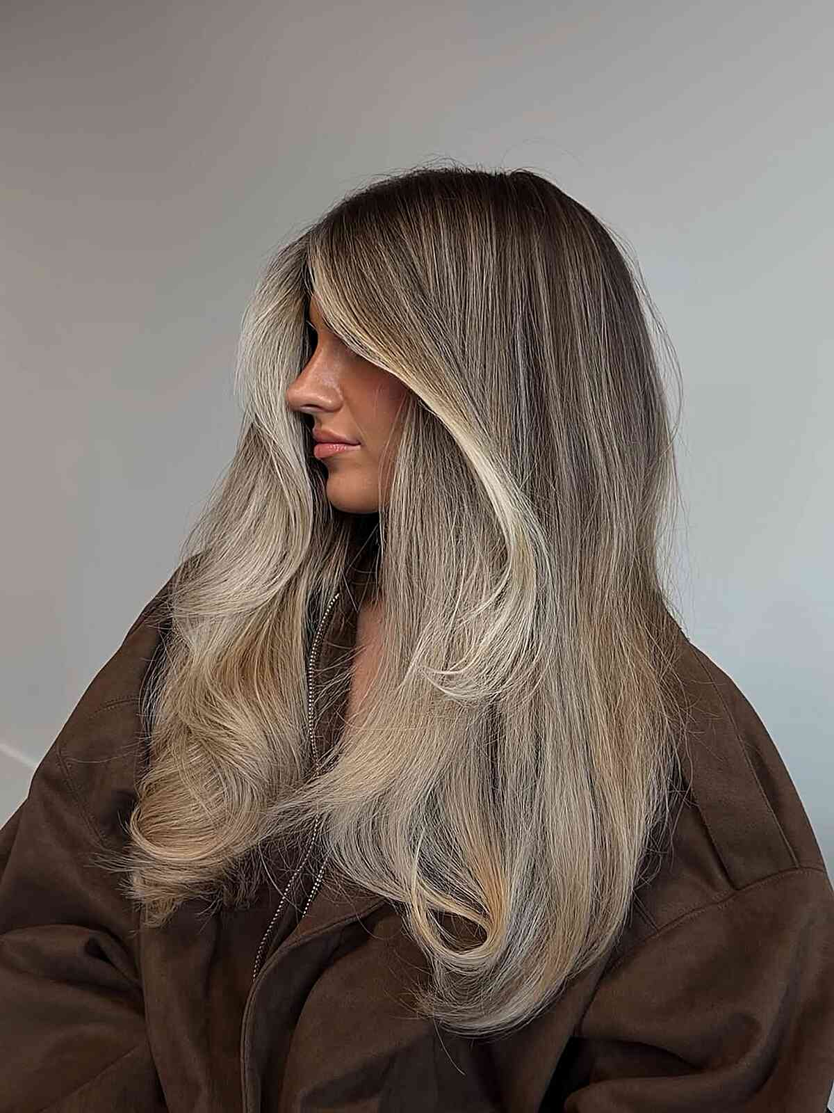Cascading Creamy Beige Balayage Layers
