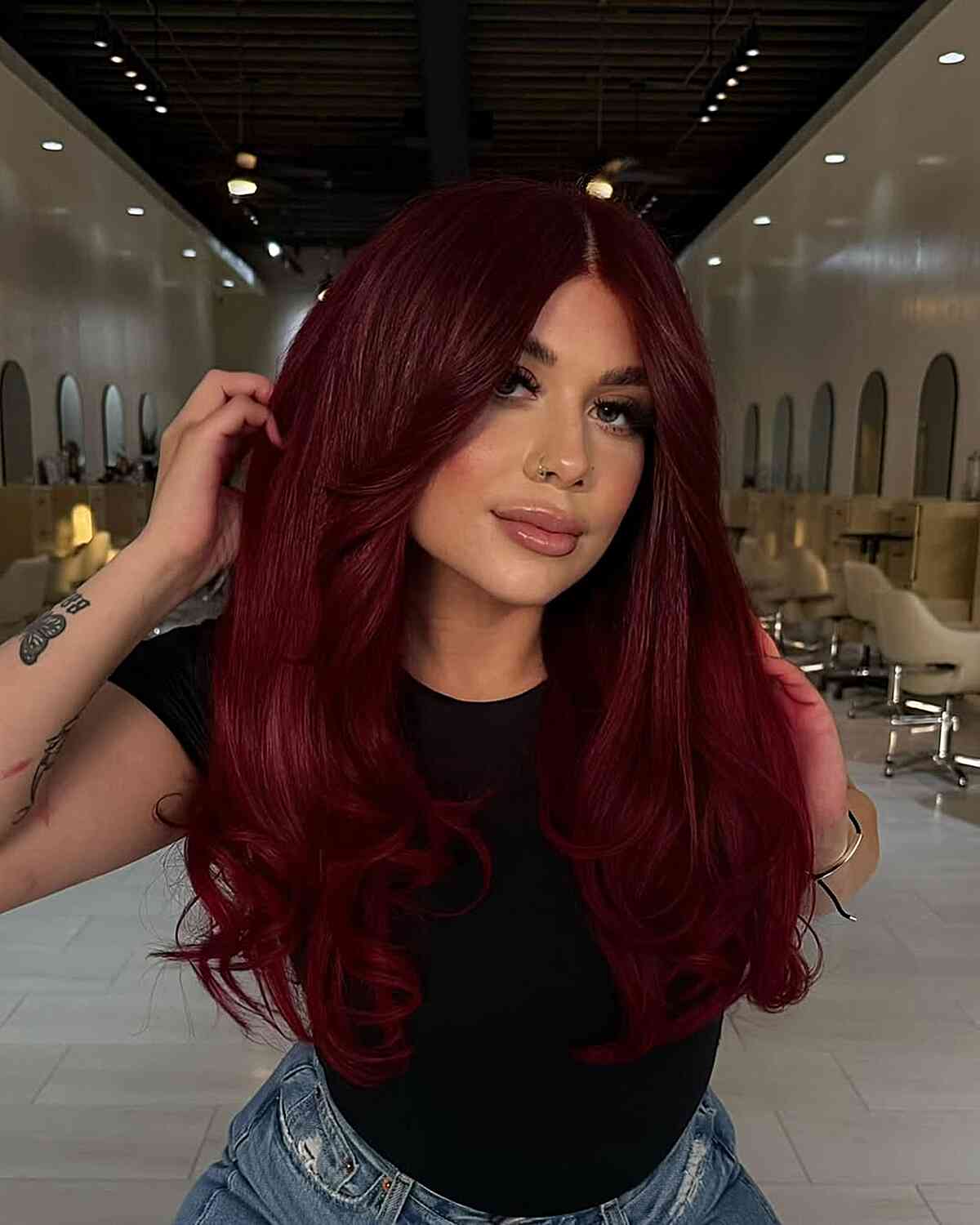 Luxurious Dark Red Long Wavy Hair