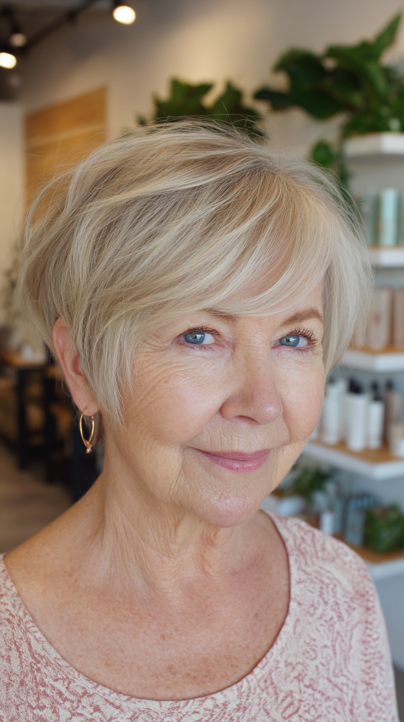Ash blonde sleek tapered shag with long side-swept bangs