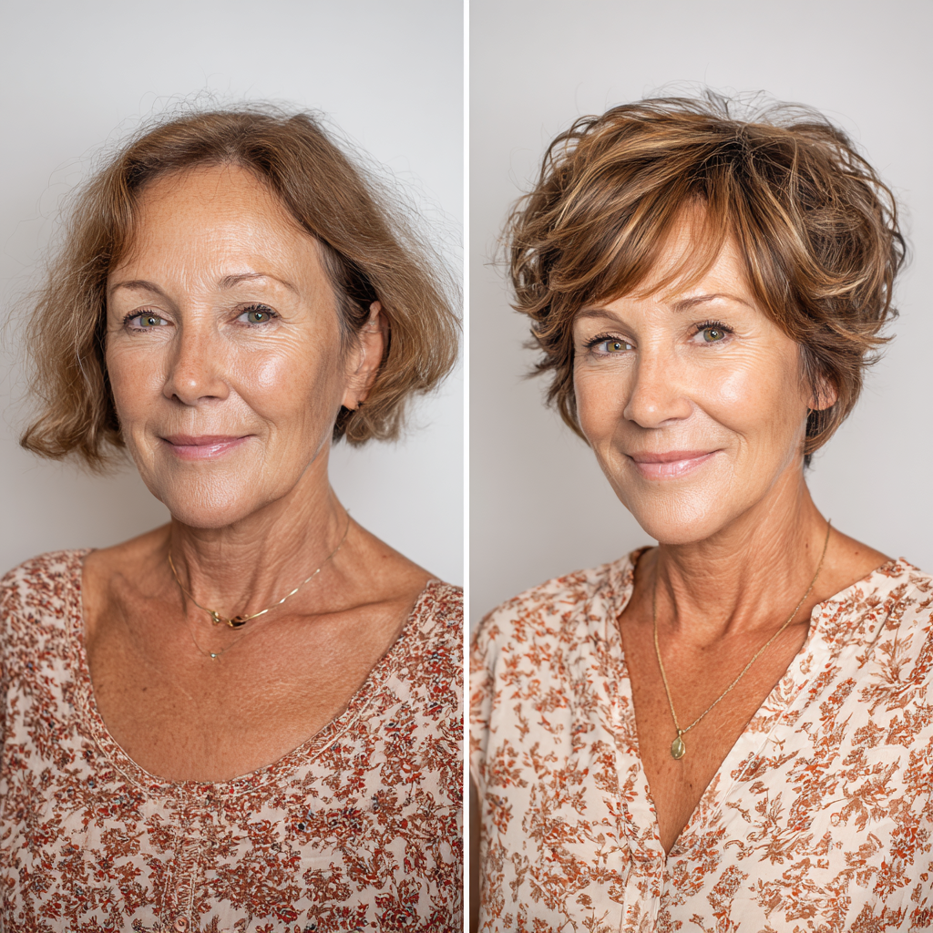 Before and after short shag haircut transformation