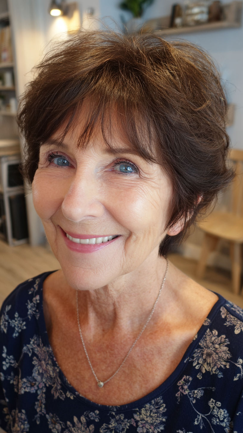 Short brunette shag with wispy fringe and textured layers