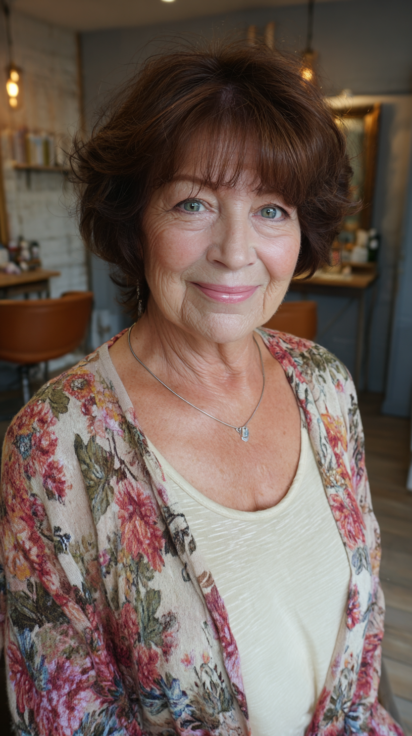 Chocolate brown wavy chin-grazing shag with full bangs