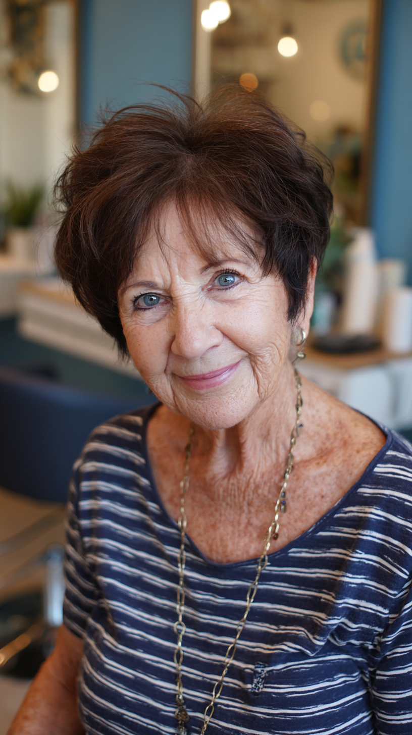 Dark brunette short shag with lifted crown and side fringe