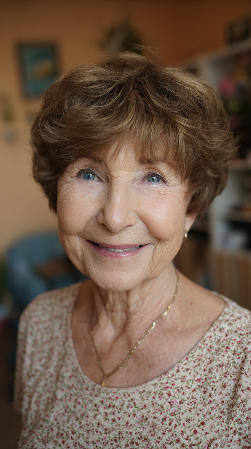 Light brown feathered classic short shag with bangs