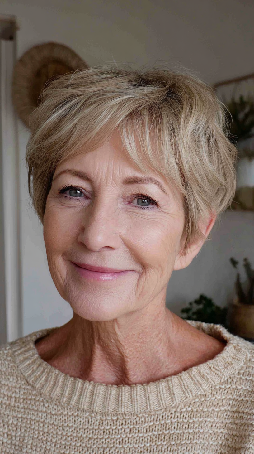 Sandy blonde short pixie shag swept across the forehead