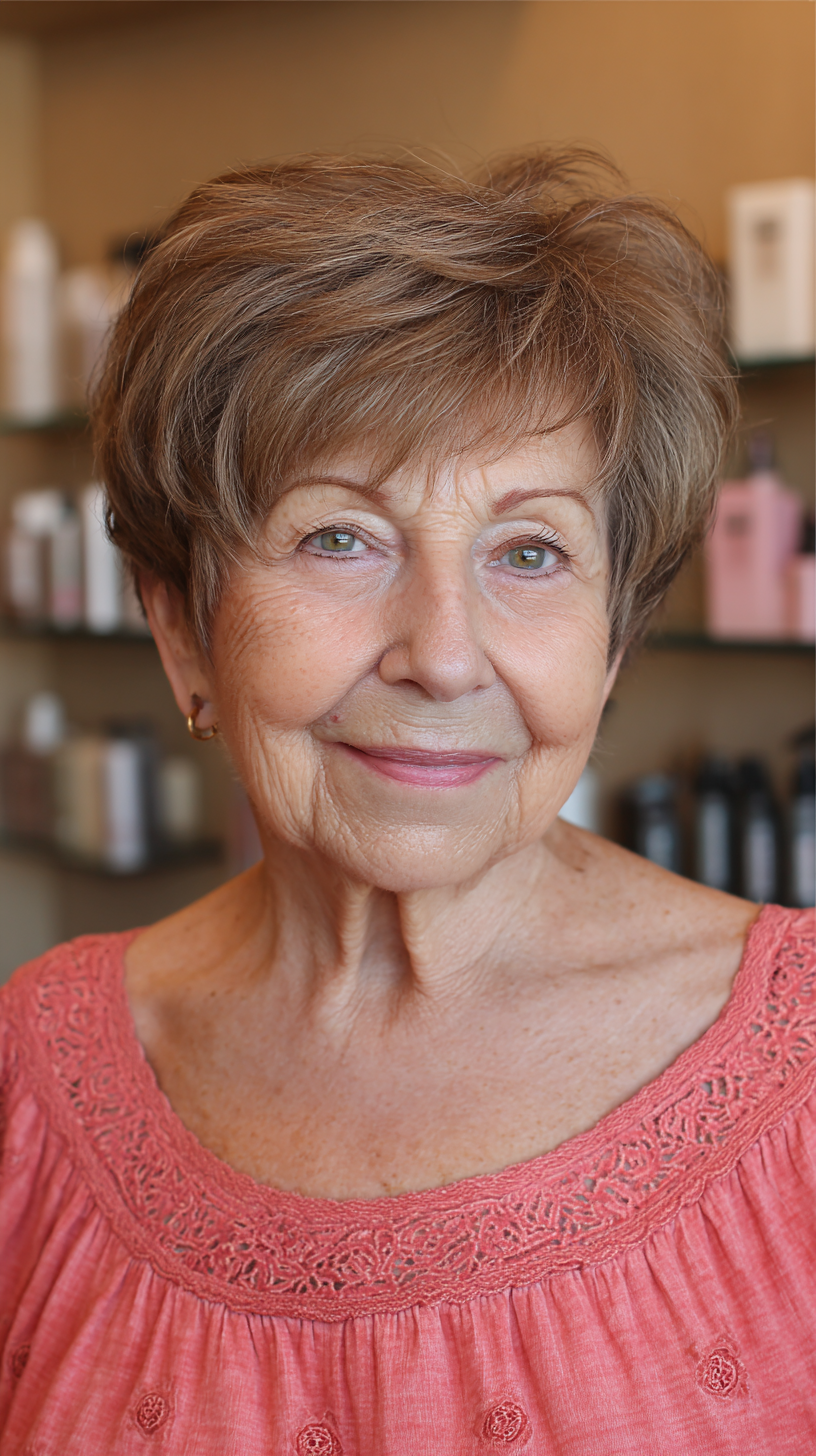 Caramel brown pixie shag with soft wispy fringe