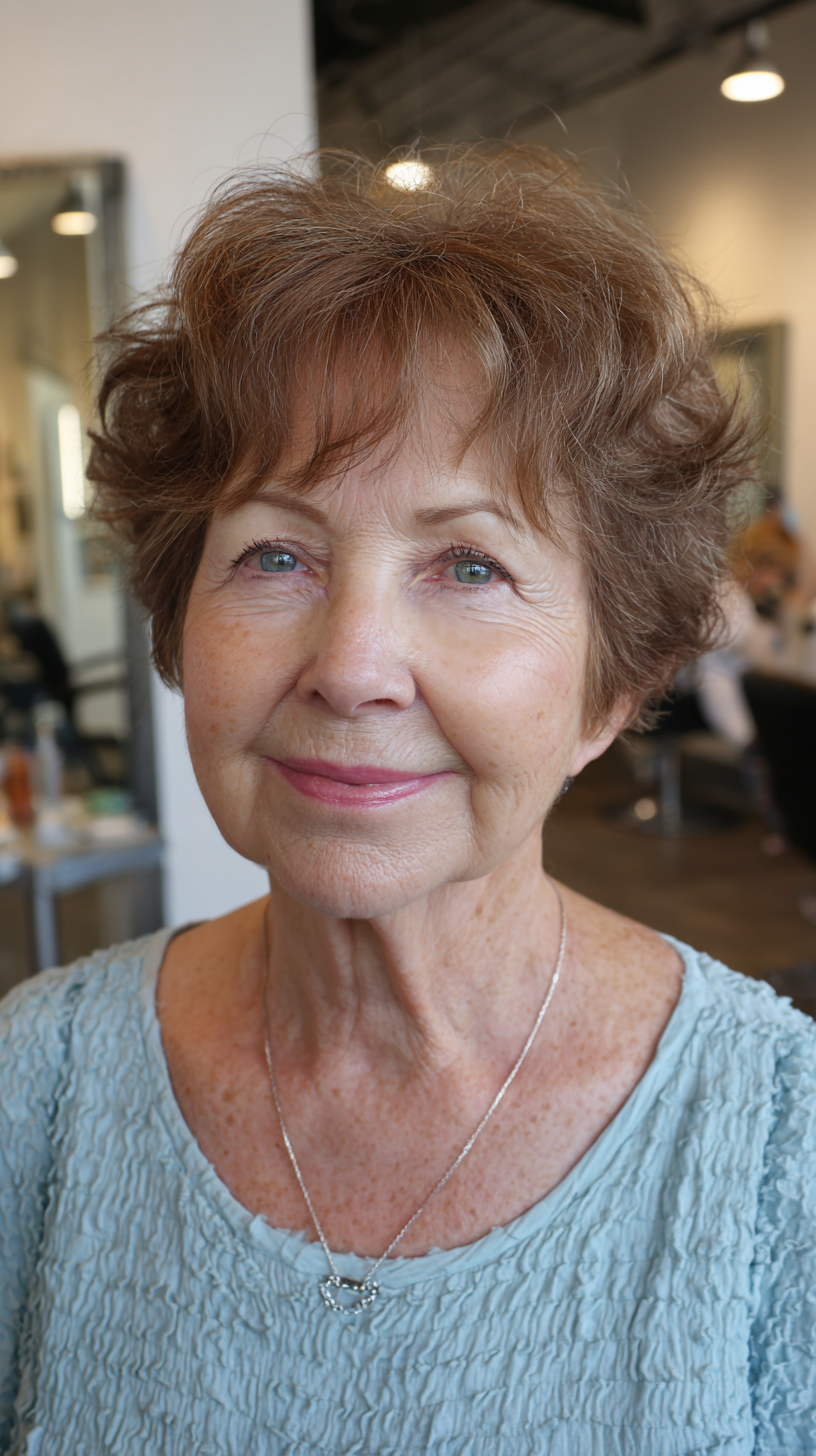 Copper-brown short shag with soft wavy texture throughout