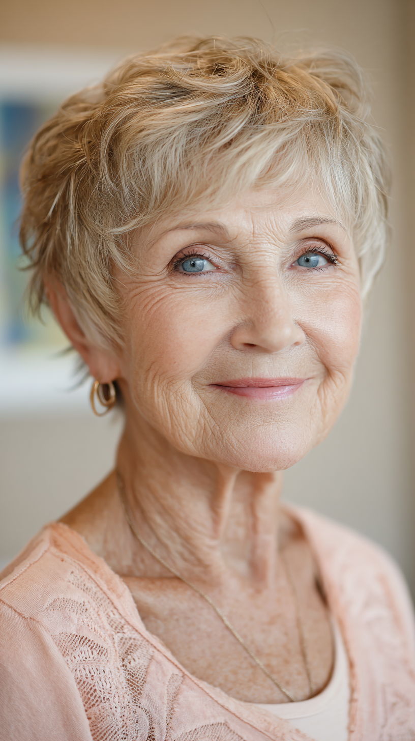 Feathered pixie shag with golden blonde layers on older woman