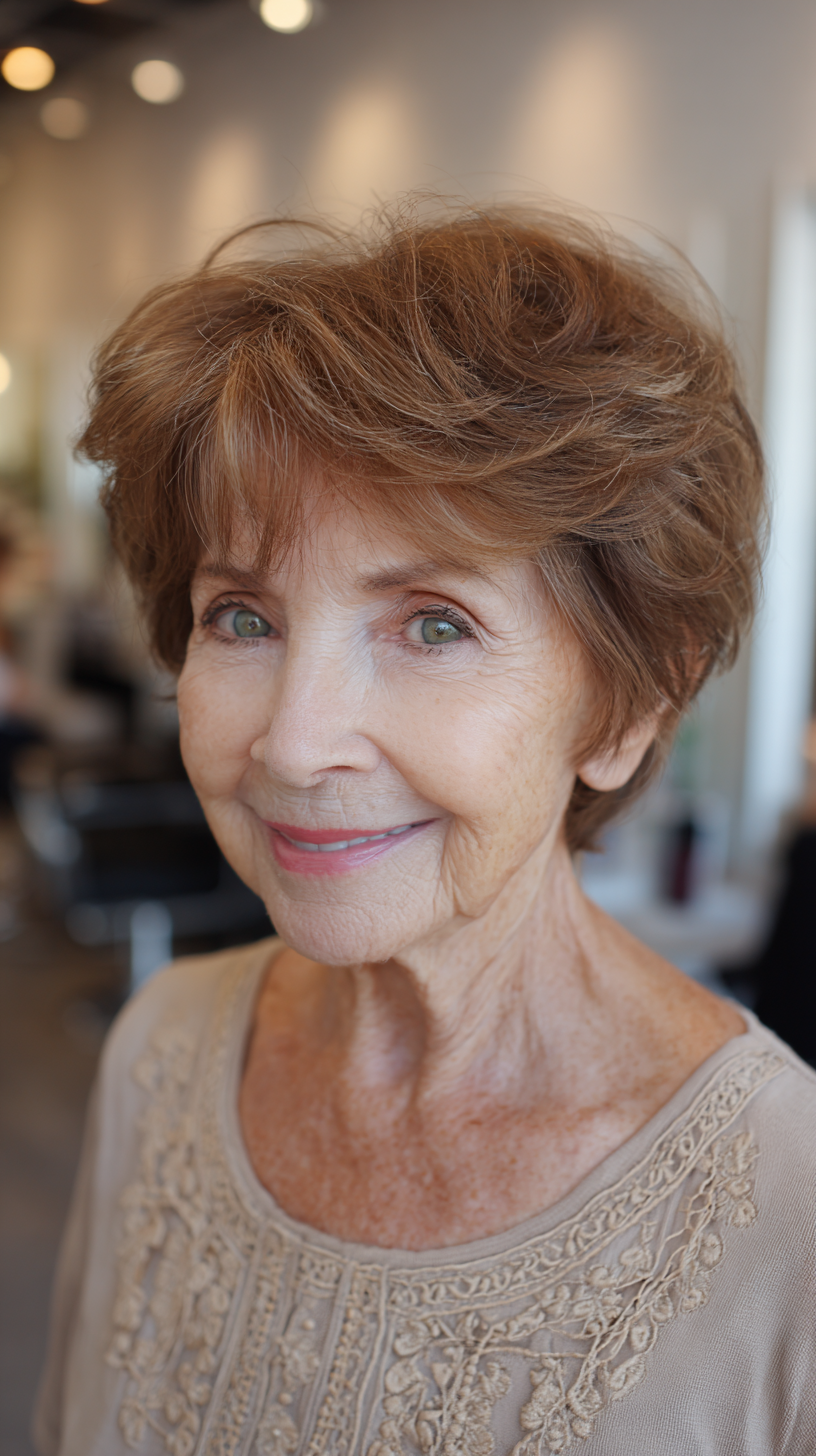 Classic short shag with warm auburn color and side sweep