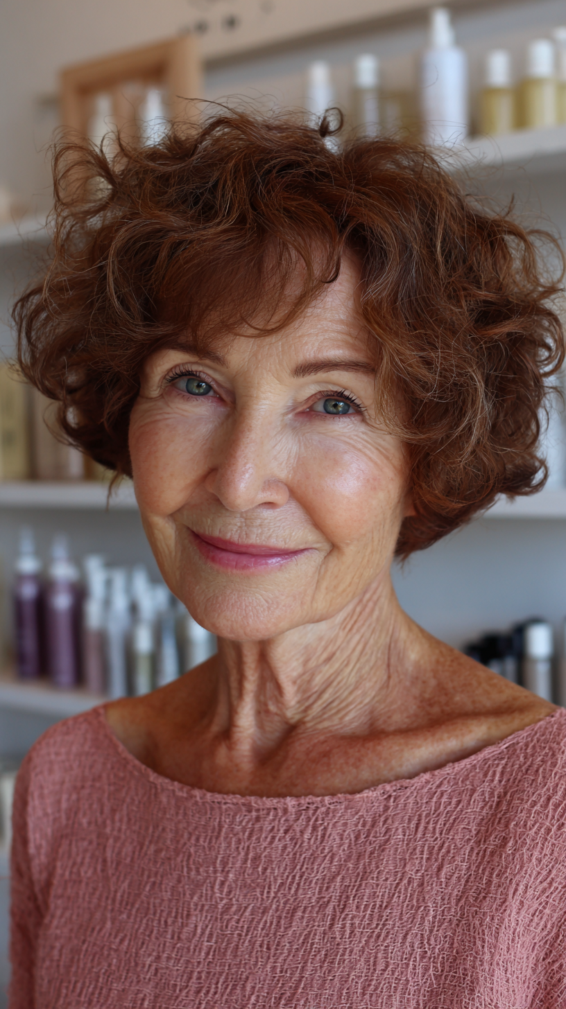 Warm auburn curly chin-length shag with natural texture