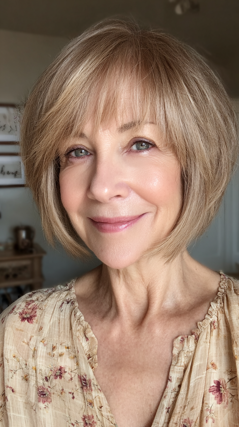 Ash blonde chin length bob with wispy bangs