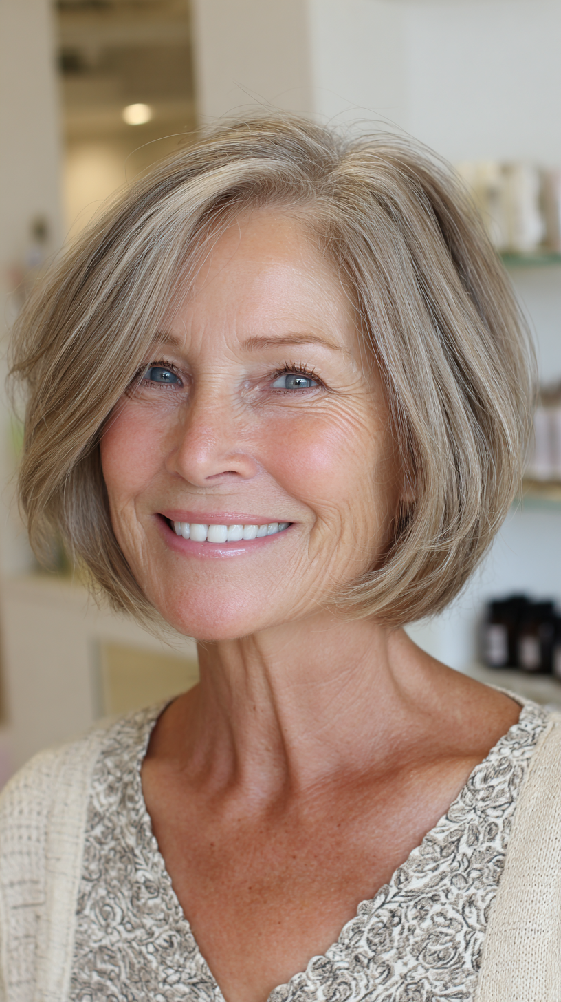 Ash blonde swing bob at chin length with volume