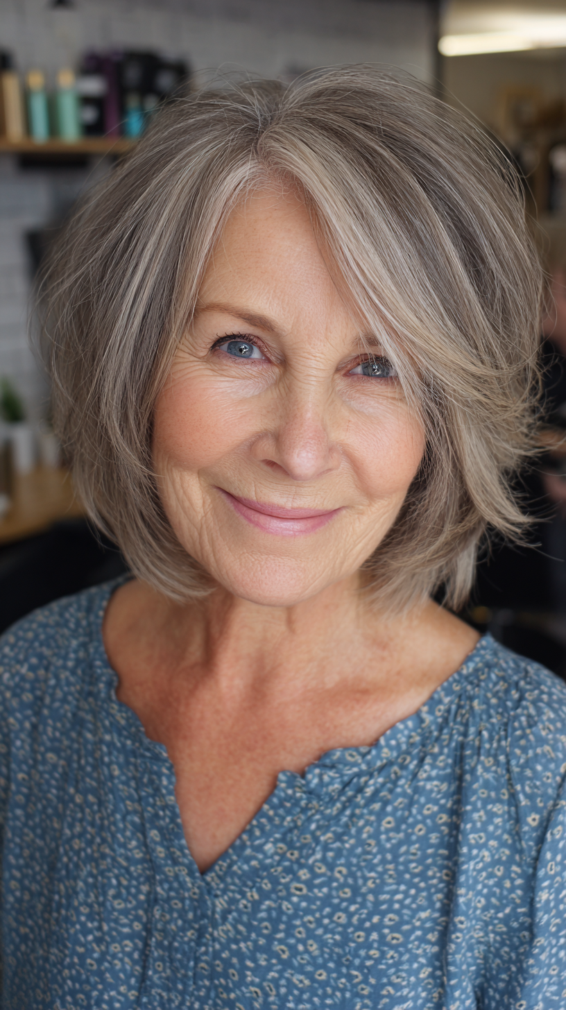 Ash grey chin-length bob with side part and flipped ends