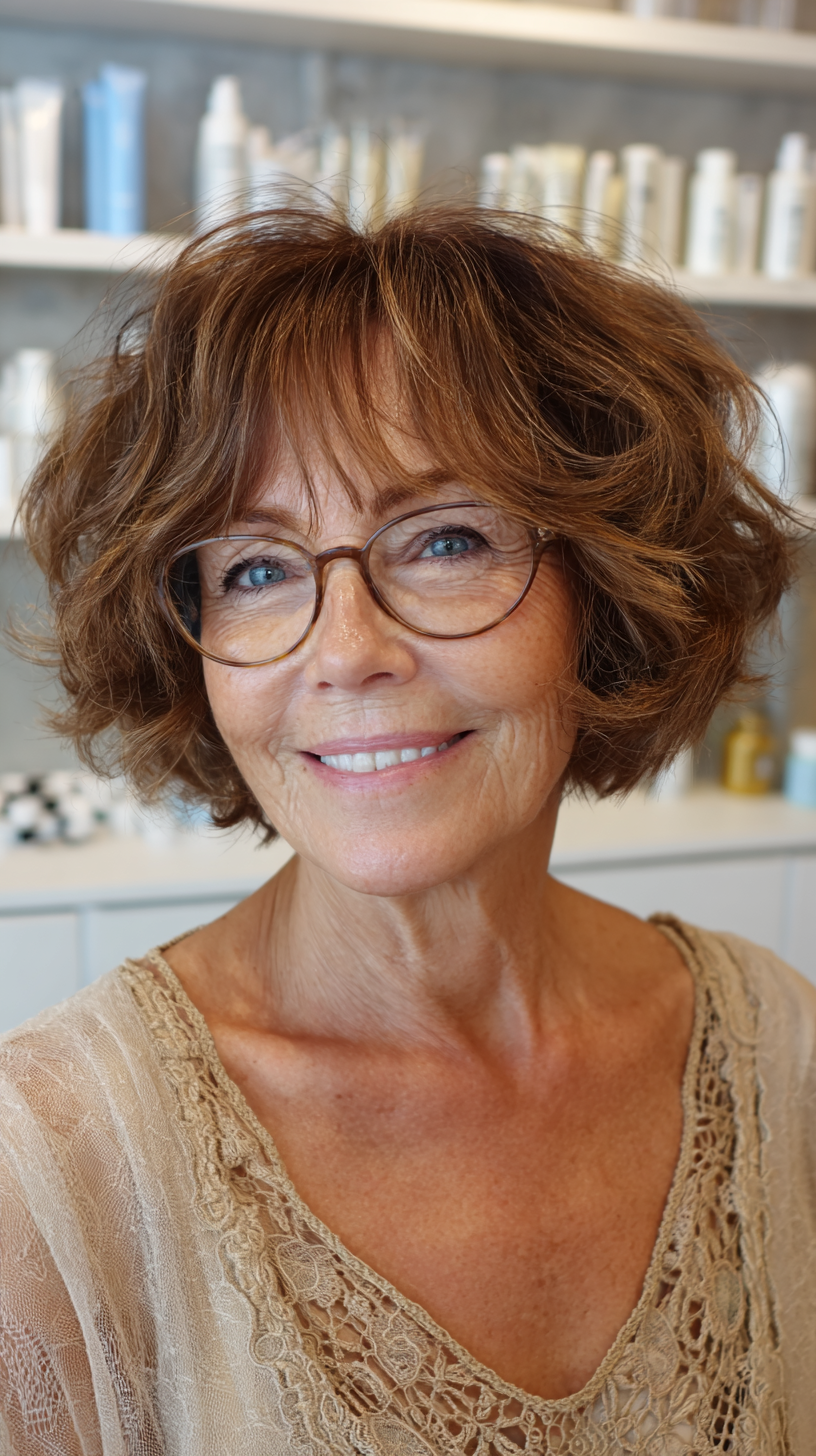 Auburn wavy shaggy bob styled with glasses and fringe