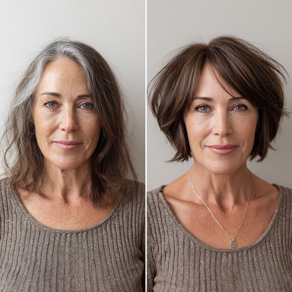 Before and after chin length bob transformation