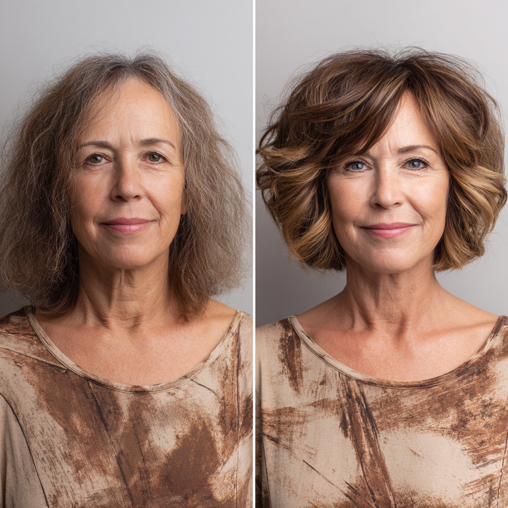 Before and after: frizzy grey hair to warm shaggy bob